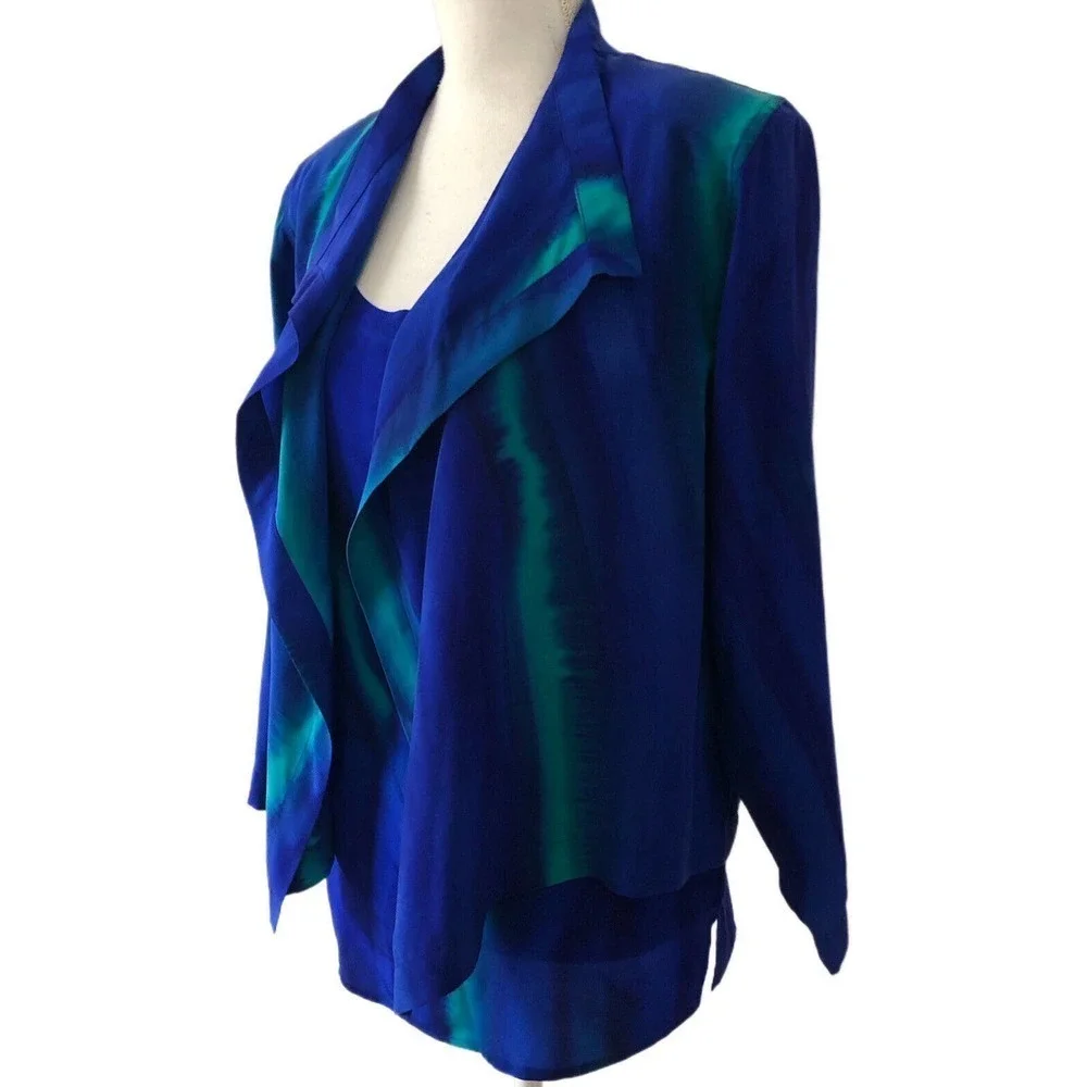 VINTAGE Aliki Yamani Creations Sz S 2 Piece Blouse Tank Cami Set Blue Green Silk